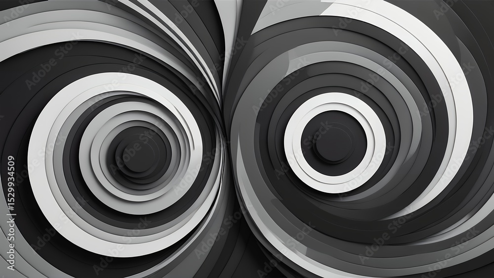 Poster abstract grayscale spirals creating a mesmerizing visual pattern with concentric circles design
