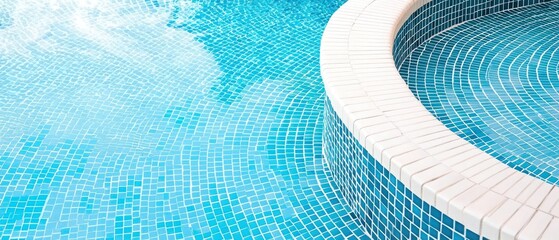 A close-up showcases a tranquil swimming pool's curved edge, featuring vibrant blue mosaic tiles and a pristine white coping. The water's surface gently ripples, reflecting sunlight