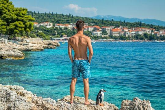 A silhouette of a young guy is seen on the rocky beach of Ambrela, with a wild cormorant bird in the vicinity