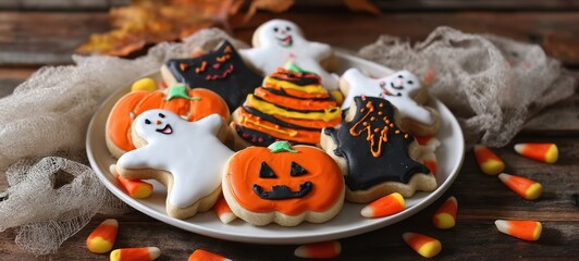 Obraz premium The delightful assortment of Halloween-themed cookies on a rustic plate