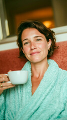 A woman in a soft, mint green robe smiles while holding a white cup of tea. The background features warm tones, creating a relaxed, inviting atmosphere.
