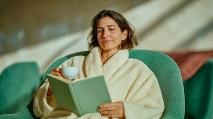 A woman in a cream robe sits comfortably on a green chair, holding a light green book and a white cup. Soft natural light illuminates the scene.