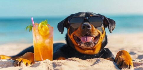 A Rottweiler dog is taking a relaxing summer vacation at a Hawaii seaside resort, resting on the beach