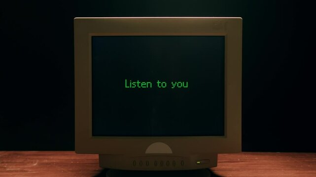 Retro pc with loading code console, programmer making scripts, green basic screen, Old computer studio close-up, Desktop vintage retro wave display, late 90s PC.