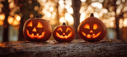 The festive display of carved pumpkins during a serene autumn sunset.
