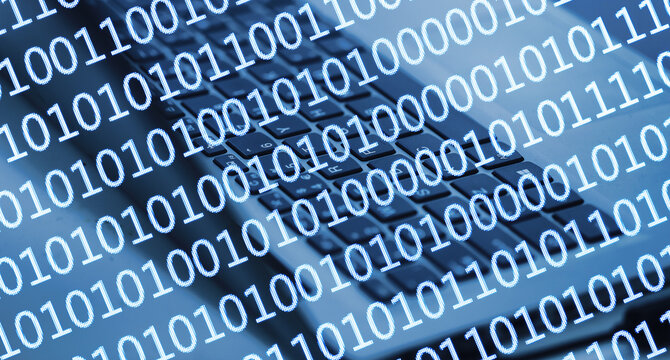 Cybersecurity and digital code. Binary numbers over keyboard. Cyber attack or hacking concept. Internet data protection. Abstract IT background. Technology encryption and information safety.
