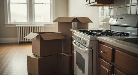 Moving boxes in empty kitchen with gas stove and wooden cabinets