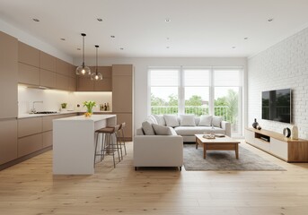 Fototapeta premium Bright openplan living space with modern kitchen and cozy sofa