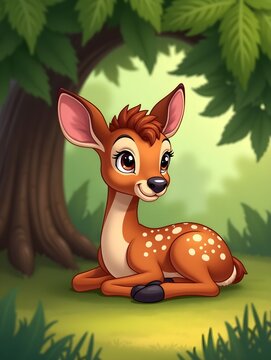 Baby deer resting comfortably under green foliage in a quiet natural setting