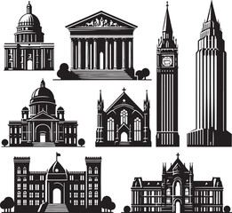Iconic Architectural Building Silhouettes. Flat Vector Clipart for Logos and Icons