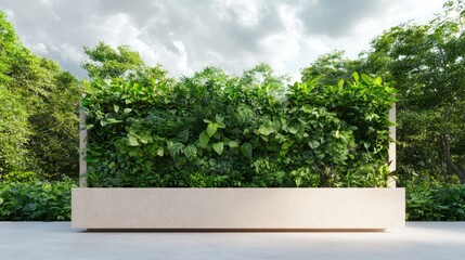A modern vertical garden, lush with greenery, sits in a light beige planter