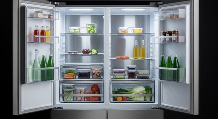 Open refrigerator filled with fresh vegetables, drinks, and condiments