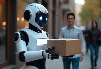 Fototapeta premium White delivery robot with customer's name illuminated on screen on chest handing over parcel