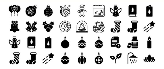 A collection of Christmas and winter holiday icons in a solid black style