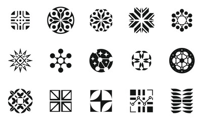A collection of intricate black and white geometric patterns featuring various shapes. Ideal for modern design and artistic projects.