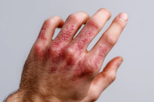 A swollen hand shows redness and irritation, likely from a bee sting, causing discomfort.
