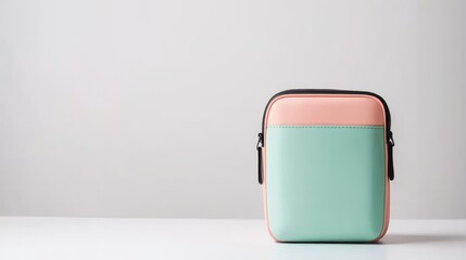 A pastel-colored crossbody bag on a white surface.  Simple, stylish accessory