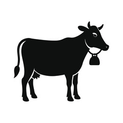 Simple black and white silhouette of a dairy cow with a bell hanging around its neck