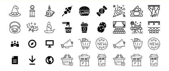 A diverse collection of hand-drawn icons representing various themes, including Halloween, food, shopping, and entertainment.