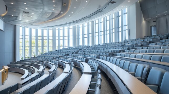 Empty lecture hall with light gray seats and tables.