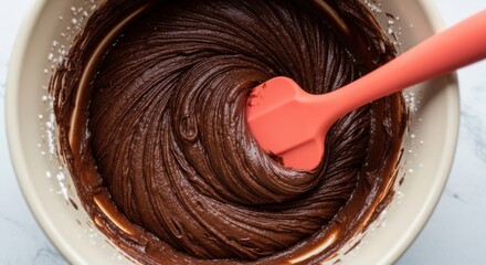 Rich chocolate cake batter in mixing bowl with red spatula