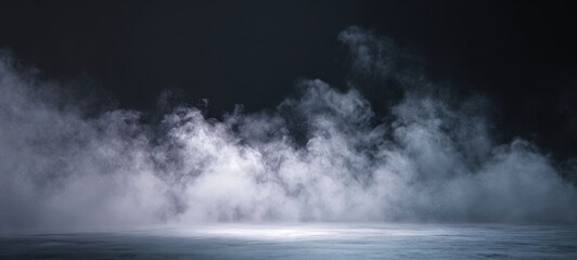 The mysterious fog enveloping an ethereal landscape under dim lighting.