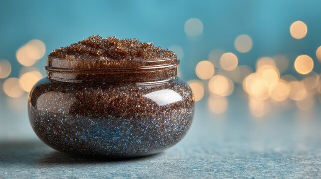 Brown sugar scrub in a clear glass jar.