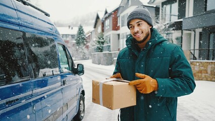 In the photo, the delivery driver stands in the snow next to a white van. He is smiling, holding a cardboard box, dressed in winter clothes, including a hat, gloves and scarf.