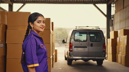 In the photo, a smiling woman in a purple shirt with braids stands against the background of an open van filled with boxes. The vans logo and part of the warehouse are visible behind it.