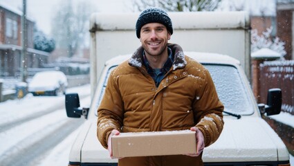 In the photo, the delivery driver stands in the snow next to a white van. He is smiling, holding a cardboard box, dressed in winter clothes, including a hat, gloves and scarf.