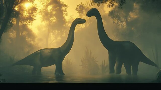 Two dinosaurs in a misty forest at sunrise