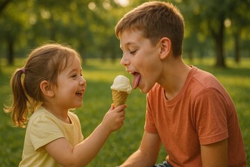 wo happy children in the park: the youngest girl with a ponytail offers the boy ice cream, and he happily stuck out his tongue to try it.