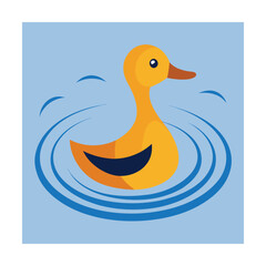 Cute yellow duck swimming peacefully in blue water with simple and playful design.