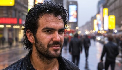 A man with wet dark hair and stubble stands against the background of a rainy city street filled with people and bright advertisements. His expressive face reflects the atmosphere of a rainy evening.
