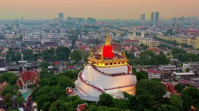 Golden Mount Temple Wat Saket Aerial View Bangkok Cityscape Sunset