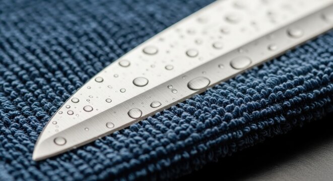 Sharp kitchen knife with water droplets on blue towel close-up