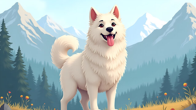 Majestic pyrenean mountain dog standing in mountain landscape