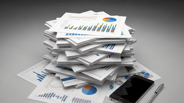 Pile Of Paper Documents With Charts Graphs Data Smartphone And Silver Pen On Gray Surface