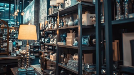 Display shelves filled with decorative items in a retail setting.
