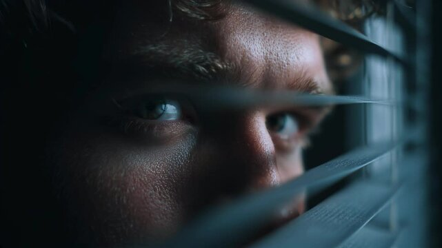 Man peeks cautiously through closed blinds, his expression tense and suspicious. Stalker or anxious person. Suspense of surveillance, mystery, or crime scene. Ideal for thriller, noir, or spy themes
