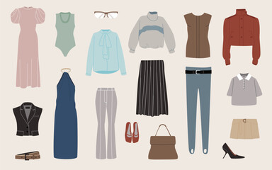Collection of various women's clothing items, including dresses, tops, trousers, skirts, jackets, and accessories like a handbag and shoes.  Different styles and colors are presented.