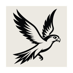 Black and white illustration of a soaring falcon against a simple neutral background