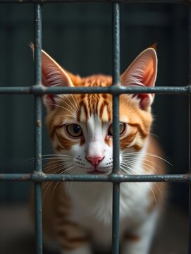 A cat looks sadly through the metal bars of a cage at an animal shelter. Life in an animal shelter, home, animal rescue center, pet care