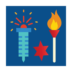 Abstract flat illustration depicting a torch fireworks display and red star on blue