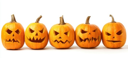 The collection of carved pumpkins displaying various spooky expressions.