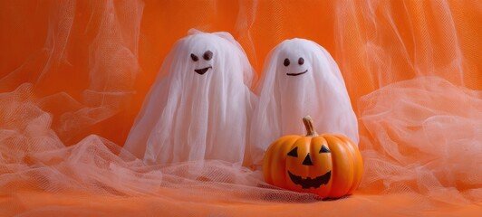 The adorable ghosts celebrating Halloween with a cheerful pumpkin.