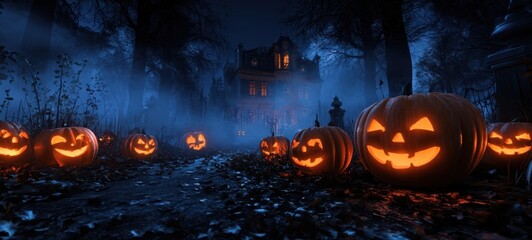 The glowing pumpkins illuminate a haunted house under a dark, eerie sky.