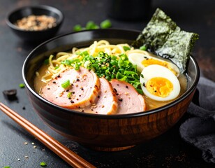 A classic ramen bowl featuring smooth noodles, roasted pork, scallions, and eggs, with sesame seeds sprinkled on top and styled on a dark wooden surface