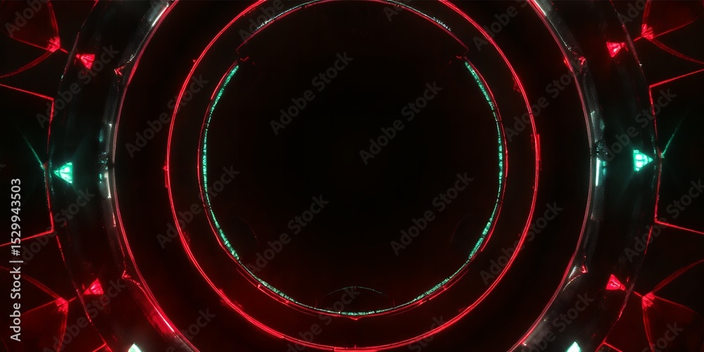 Poster a futuristic tunnel with red and green neon lights creating a circular abstract pattern design