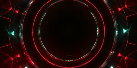 A futuristic tunnel with red and green neon lights creating a circular abstract pattern design